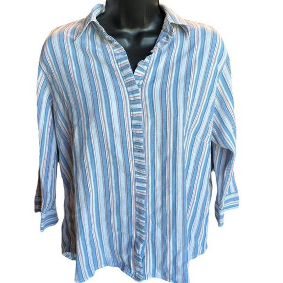 Liz Claiborne Striped Button Up Professional 3/4 Sleeve Striped Blouse Sz LP - Picture 1 of 7